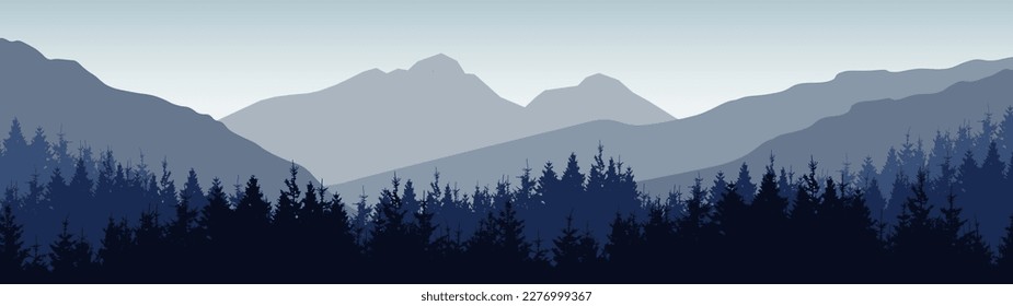 Aventura acampada al aire libre senderismo escalada fondo de vida silvestre - Silueta verde de niebla niebla niebla montaña pico roca y bosques de abetos, paisaje realista ilustración panorámica vector