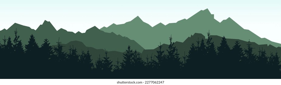 Adventure outdoor camping hiking climbing wildlife background - Green silhouette of mountains peak rock and forest woods fir spruce trees, realistic landscape panorama illustration icon vector.