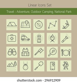 Adventure, Outdoor Camping, National Park, Linear  Icons Set