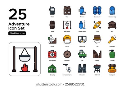 Adventure and Outdoor Exploration. Hiking, Camping, and Travel Icons. Vector Illustration. FIlled line icon set