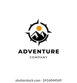 adventure outdoor logo with Compass and mountain design concept.