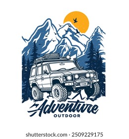 Adventure outdoor typography with classic mountain jeep colorfull eye catching print design.