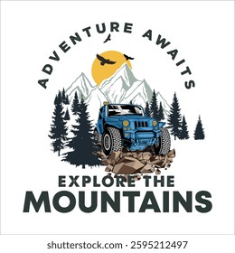 Adventure outdoor typography with classic mountain jeep colorfull eye catching print design