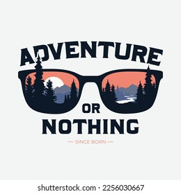 Diseño de vectores al aire libre de aventura Ilustración con gafas río de montaña para camisetas, logotipo y más