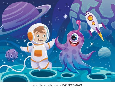 Adventure in outer space. Adorable banner or poster with cute baby astronaut, smiling alien, rocket and planets in universe or galaxy. Boy cosmonaut on moon. Cartoon flat vector illustration