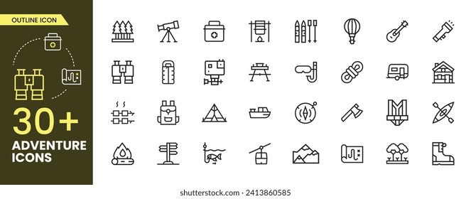 Adventure outline icon set. Containing hike, campfire, snorkeling, climbing, travel and canoeing icons. Outdoor activity concept. Outline icon collection.