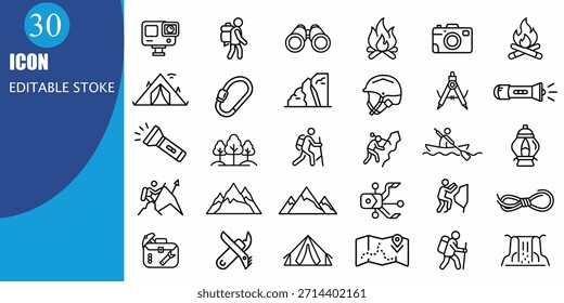 Adventure Outline Vektorsymbol-Set - Symbole für Reisen, Camping, Wandern und Outdoor-Entdeckungslinien