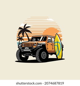 Adventure overland on the summer beach with surf board illustration vector image
