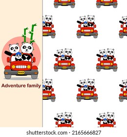 Adventure panda cartoon so cute so happy family. drive a car red on white background. pattern seamless vector and illustration.