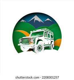 Adventure Paper art carve with nature and offroad car vector illustration