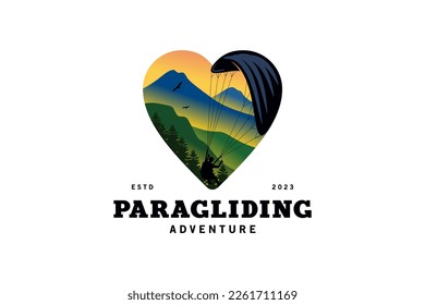 Adventure paragliding logo design with natural landscape background in love