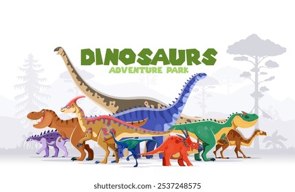 Anuncio de parque de aventuras con dinosaurios prehistóricos en selva. Divertidos animales dino jurásicos y reptiles extintos personajes de Vector. Dibujos animados Tyrannosaurus rex, Allosaurus, personajes de styracosaurus