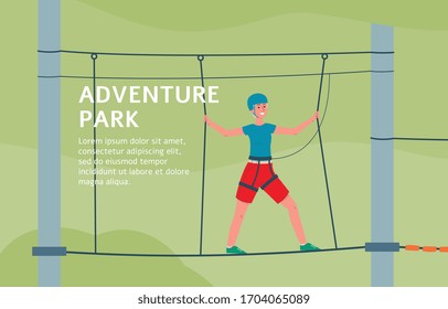 Adventure park banner template with cartoon boy walking on rope bridge with safety equipment and smiling. Child on ropes playground - flat vector illustration.