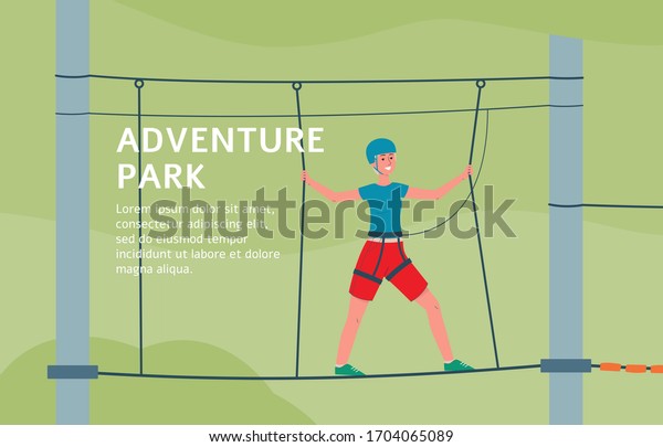 Adventure park banner template with\
cartoon boy walking on rope bridge with safety equipment and\
smiling. Child on ropes playground - flat vector\
illustration.