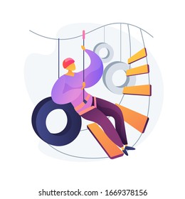 Adventure park. Canopy tour. Man in harness and helmet for safety. High zipline, rope climbing, clambering ladder. Extreme sport activity. Vector isolated concept metaphor illustration.