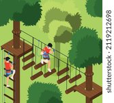 Adventure park colored background with active young male characters using rope ladder for fun isometric vector illustration