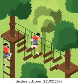 Adventure park colored background with active young male characters using rope ladder for fun isometric vector illustration