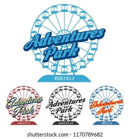 Adventure park emblem. Carnival fun park logo with ferris wheel, vector illustration