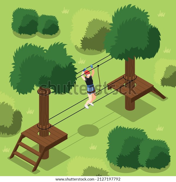 Adventure park\
isometric background with young female moving along rope way using\
insurance vector\
illustration