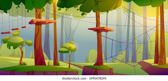 Adventure park, rope climbing center in forest with obstacles, suspended ladders and wooden platforms on trees. Outdoor place for extreme recreation, family fun, activity, Cartoon vector illustration