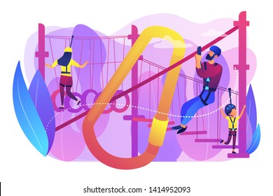 Adventure park, tourists extreme activity for adults and children. Summer ropes course, nature outdoor challenging, best ropes courses here concept. Bright vibrant violet vector isolated illustration