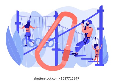 Adventure park, tourists extreme activity for adults and children. Summer ropes course, nature outdoor challenging, best ropes courses here concept. Pinkish coral bluevector isolated illustration