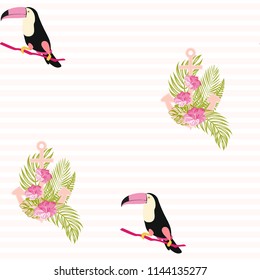 Adventure pattern with toucan and anchor. Summer tropical background with an anchor, flowers and toucan.