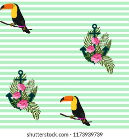 Adventure pattern with toucan and anchor. Summer tropical background with an anchor, flowers and toucan.