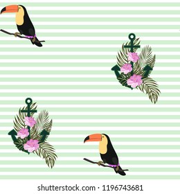 Adventure pattern with toucan and anchor. Summer tropical background with an anchor, flowers and toucan.