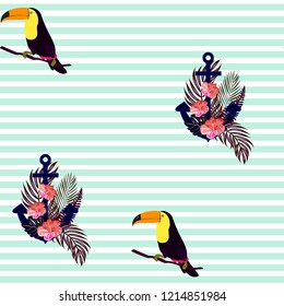 Adventure pattern with toucan and anchor. Summer tropical background with an anchor, flowers and toucan.