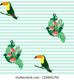 Adventure pattern with toucan and anchor. Summer tropical background with an anchor, flowers and toucan.