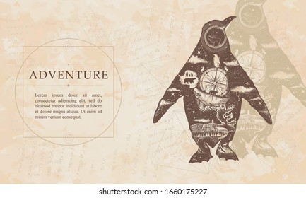 Adventure. Penguin double exposure. Renaissance background. Medieval manuscript, engraving art. Symbol of Arctic, Antarctica, tourism and adventure, north animals 