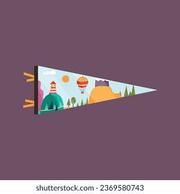 Adventure pennant. Camping Pennant flag design. Vintage outdoor sublimation with travel scene and hot balloon. Stock vector graphics on dark background