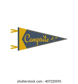 Adventure pennant. Campsite Pennant. Explorer flag design. Vintage camping template. Travel style pennant with summer camp symbols tent, trees. For Summer campsite or campground old style.