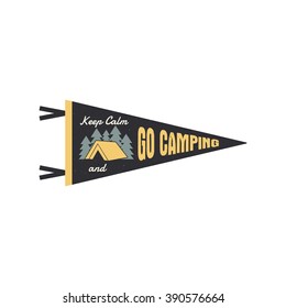 Adventure pennant. Go camping Pennant. Explorer flag design. Vintage template. Travel style pennant with summer camp symbols tent, trees. For Summer campsite or campground old style.