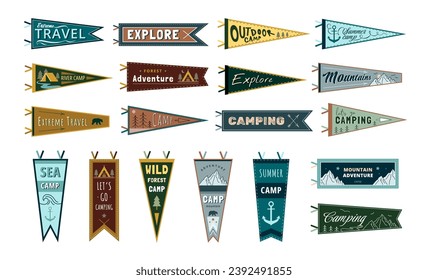 Adventure Pennants. Outdoor and camping enthusiast banner collection with wild forest camp, mountain and explore designs vector set of flag pennant adventure camp illustration