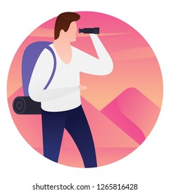 Adventure person with binoculars, flat rounded icon 