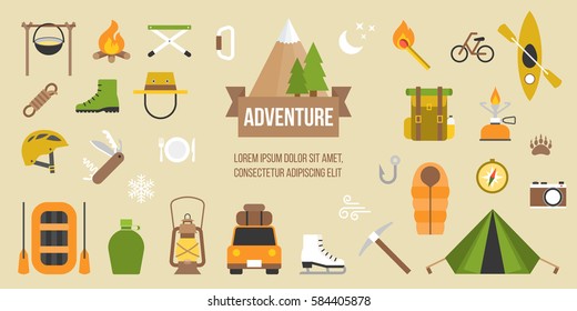 Adventure pictogram of activities and equipments such as rafting, hiking, camping, mountaineering, icon and elements in flat design