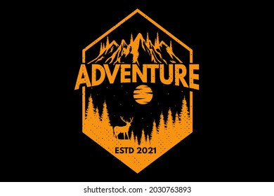 ilustración retro vintage de la montaña de ciervo de pino de aventura