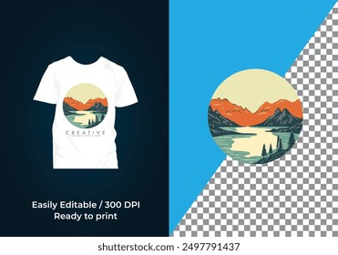 Adventure pine tree creek nature river logo And Tshirt design vector Illustration 