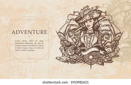 Adventure. Pirate girl and ships.  Sea wolf female. Crime sailor woman portrait, pin up style. Renaissance background. Medieval manuscript, engraving art