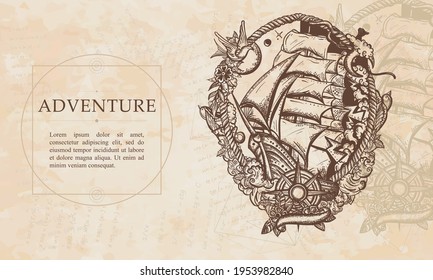 Adventure. Pirate ship goes by storm. Sail boat and sea hurricane. Symbol of light and darkness, life and death, hope and despair, joy and grief. Renaissance background. Medieval manuscript art 