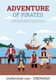 Adventure of pirates banner or poster template with seascape and pirates cartoon characters, flat vector illustration. Pirate sea treasure searching adventure banner.