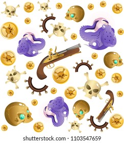 Adventure pirates themed pattern with skulls, diamonds, guns, rudders, coins, octopus and pearls. Modern isolated vector objects on white background. Realistic and detailed design. Dangerous game art.