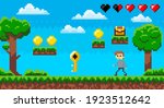 Adventure pixel game interface design layout. Videogame character collects coins, keys and chests. Hearts health indicators of man. Pixel 8 bit retro game. Guy goes to platforms to collect coins