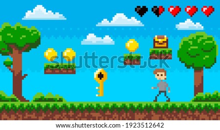 Adventure pixel game interface design layout. Videogame character collects coins, keys and chests. Hearts health indicators of man. Pixel 8 bit retro game. Guy goes to platforms to collect coins