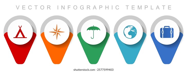 Adventure pointer collection, miscellaneous icons such as tent, navigation, umbrella, globe and case, flat design vector infographic template in eps 10