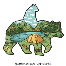 Adventure print in the form of bear. Wild life in nature and outdoor forest camping
