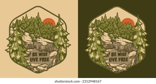 Adventure print in the form of mountain. Wild life in nature and outdoor forest camping