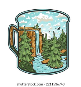 Adventure print in the form of mug. Wild life in nature and outdoor forest camping